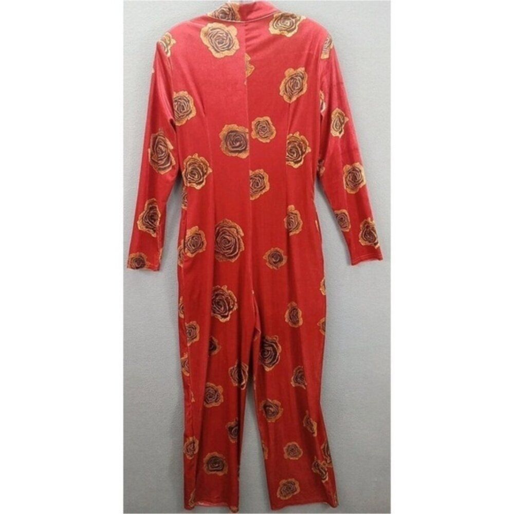 Oyrosy Elegant Red Floral Rose Velvet Zip up  Long Sleeve  Retro Jumpsuit M - Picture 4 of 13